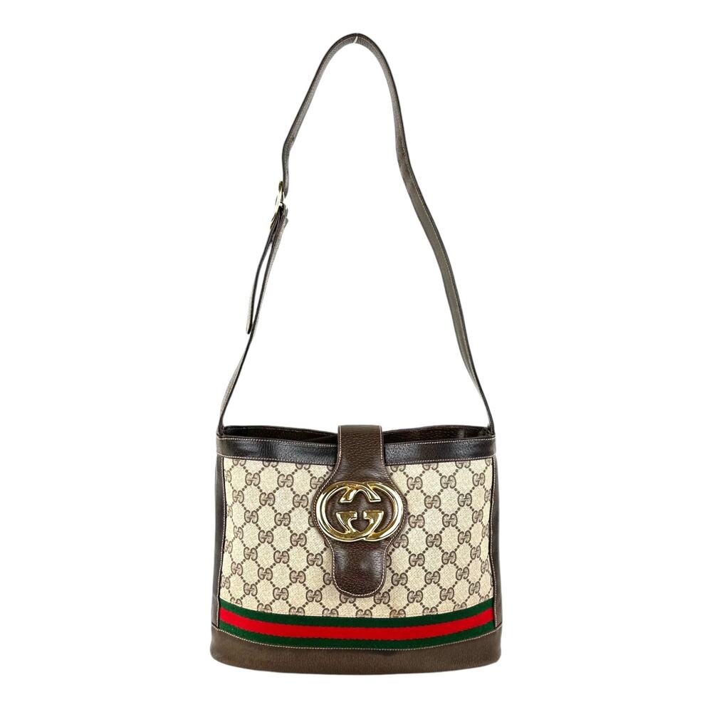 Gucci Beige GG Canvas Shoulder Bag with Brown Trim and Green-Red Web